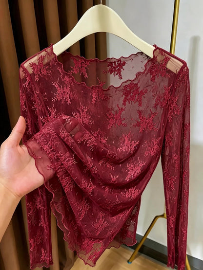 Damen Langarm-Spitzenshirt mit floraler Stickerei und transparentem Design – Elegantes Oberteil für besondere Anlässe