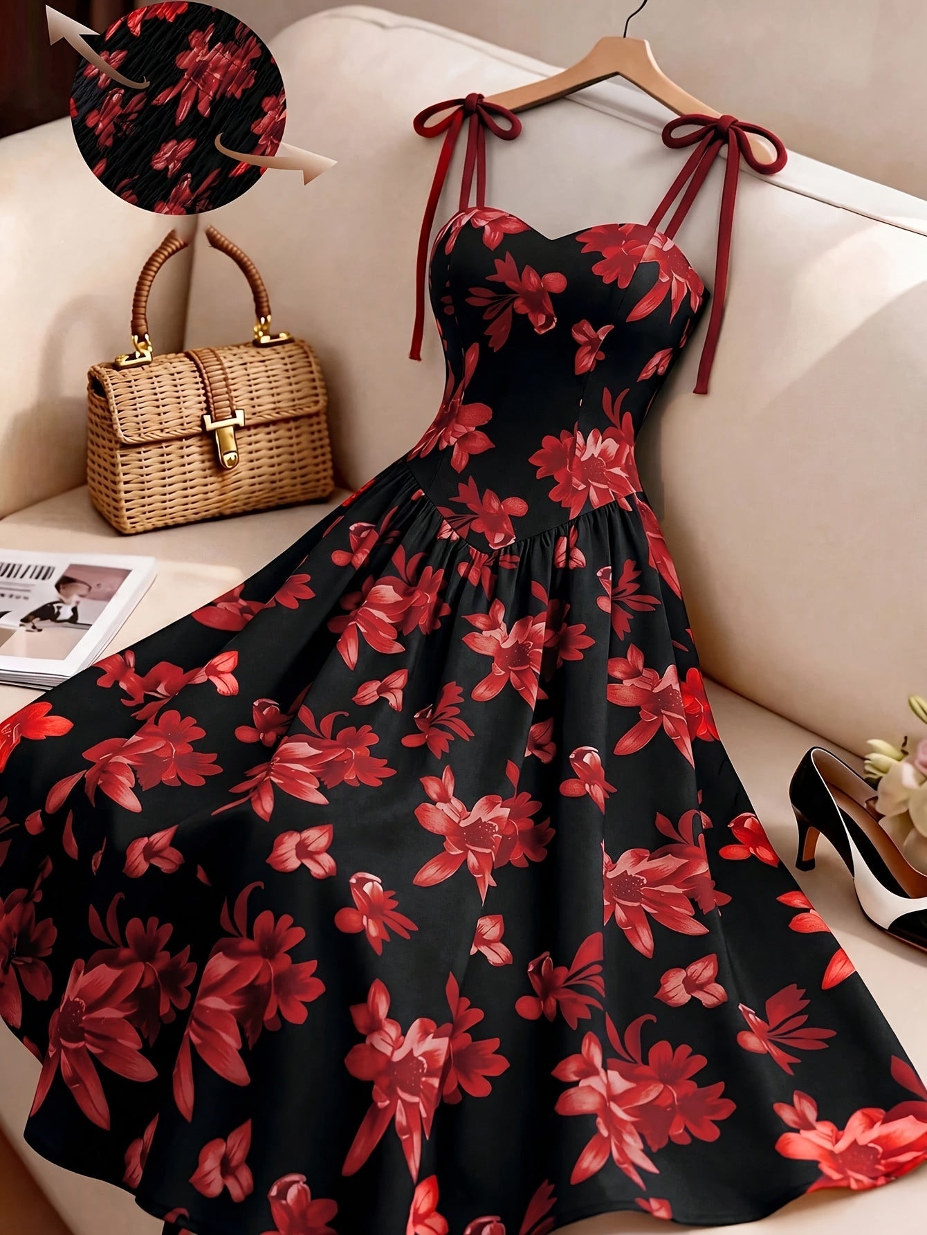 Damen Midikleid mit Blumenmuster und Schleifen-Trägern – Elegantes A-Linien Sommerkleid