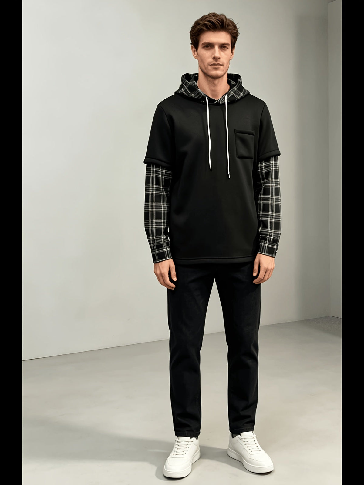 Hoodie Braun/Schwarz Kariert mit Kapuze und Brusttasche