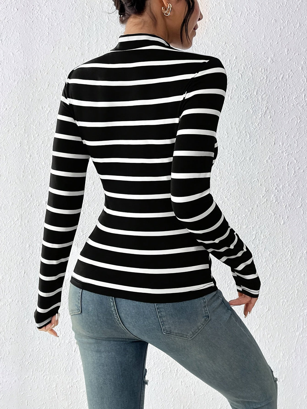 Damen Rollkragen Langarmshirt gestreift mit halbem Stehkragen