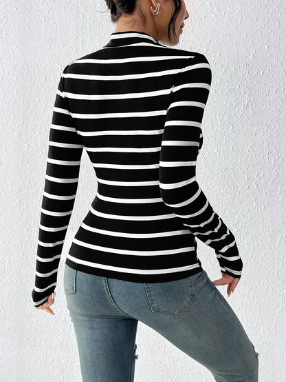 Damen Rollkragen Langarmshirt gestreift mit halbem Stehkragen