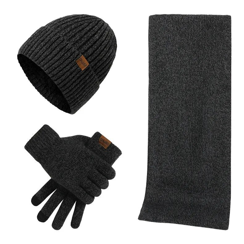 Unisex Winter Strickmütze Schal Handschuhe Set gerippt Touchscreen