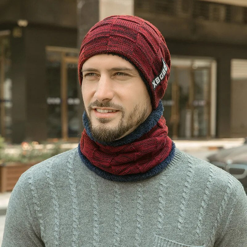 Winter Beanie Mütze & Schlauchschal Set Herren, Warme Strickmütze mit Fleece Futter, Winterset mit Nackenwärmer