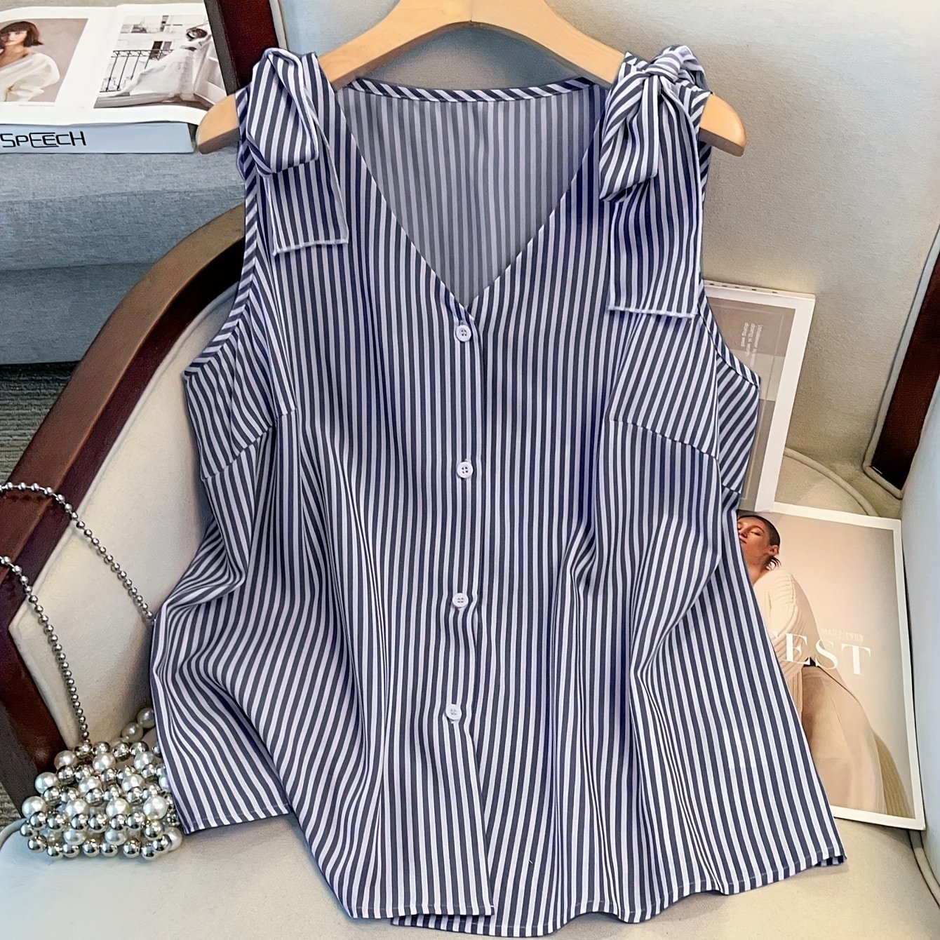 Damen Blusentop mit Streifen und Knopfleiste – Eleganter Sommer-Style für Büro & Freizeit