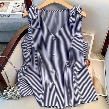 Damen Blusentop mit Streifen und Knopfleiste – Eleganter Sommer-Style für Büro & Freizeit