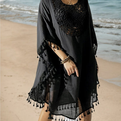 Damen Strand Kaftan Poncho mit Häkel-Details und Fransen – Eleganter Badeüberwurf