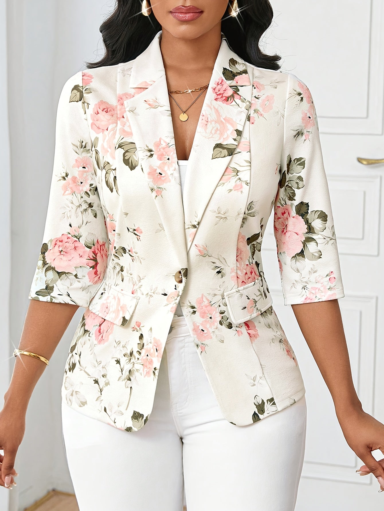Damen Blazer Elegant mit Blumenmuster und 3/4-Ärmeln – Perfekt für Büro und Alltag