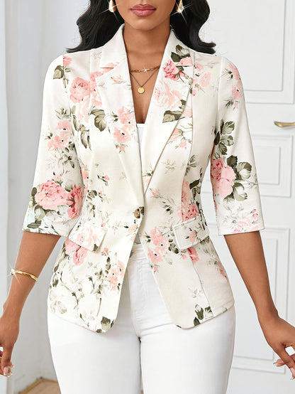 Damen Blazer Elegant mit Blumenmuster und 3/4-Ärmeln – Perfekt für Büro und Alltag