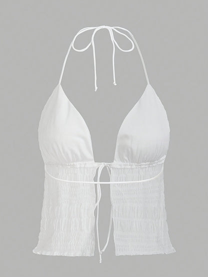Damen Halterneck Top mit Raffungen und Bindeband – Modisches Party- und Ausgehtop