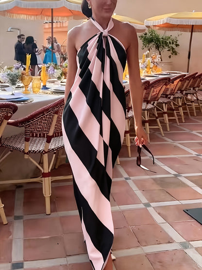 Damen Maxikleid mit Neckholder und Streifenmuster – Elegantes Sommerkleid für Feste und Gartenpartys