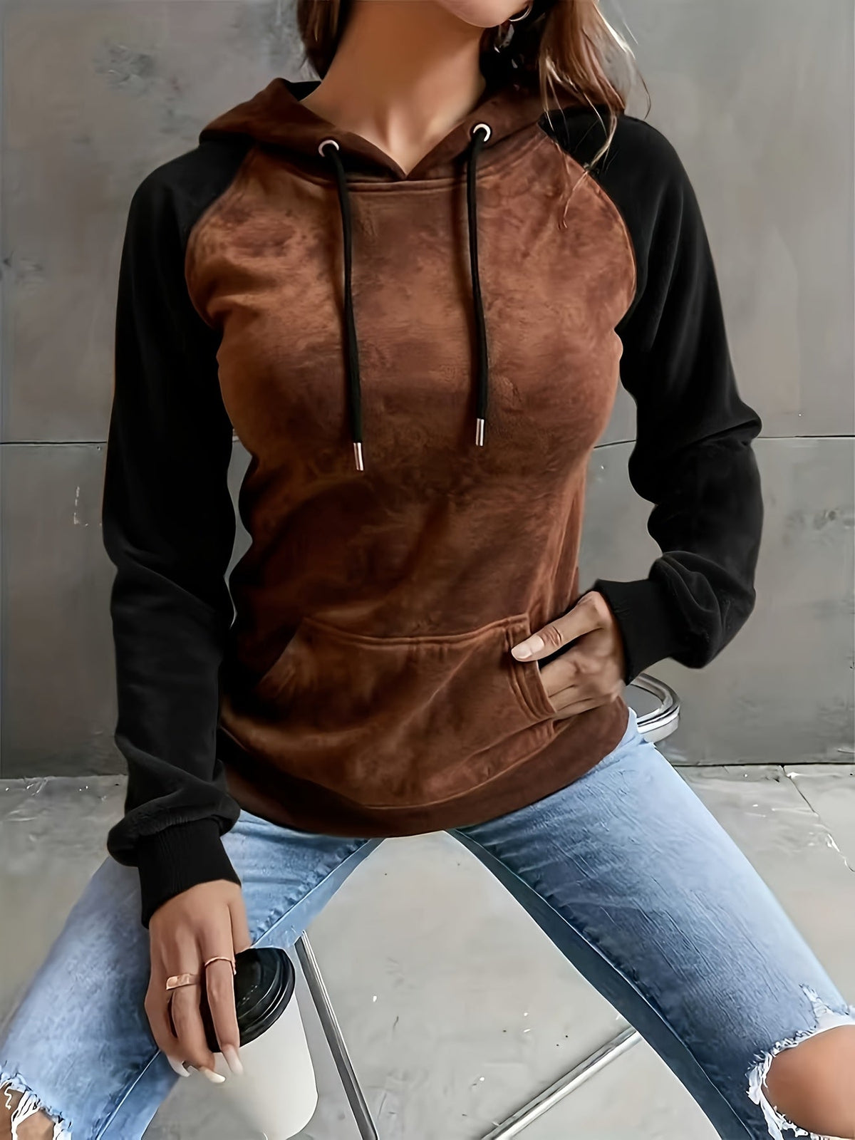 Damen Hoodie Raglan-Ärmel Braun Schwarz Kapuzenpullover mit Kängurutasche