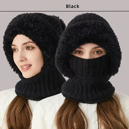 Winter Beanie mit Fleece-Futter und Halswärmer – Gestrickte Mütze mit abnehmbarer Gesichtsmaske, Pompon und Pelzbesatz