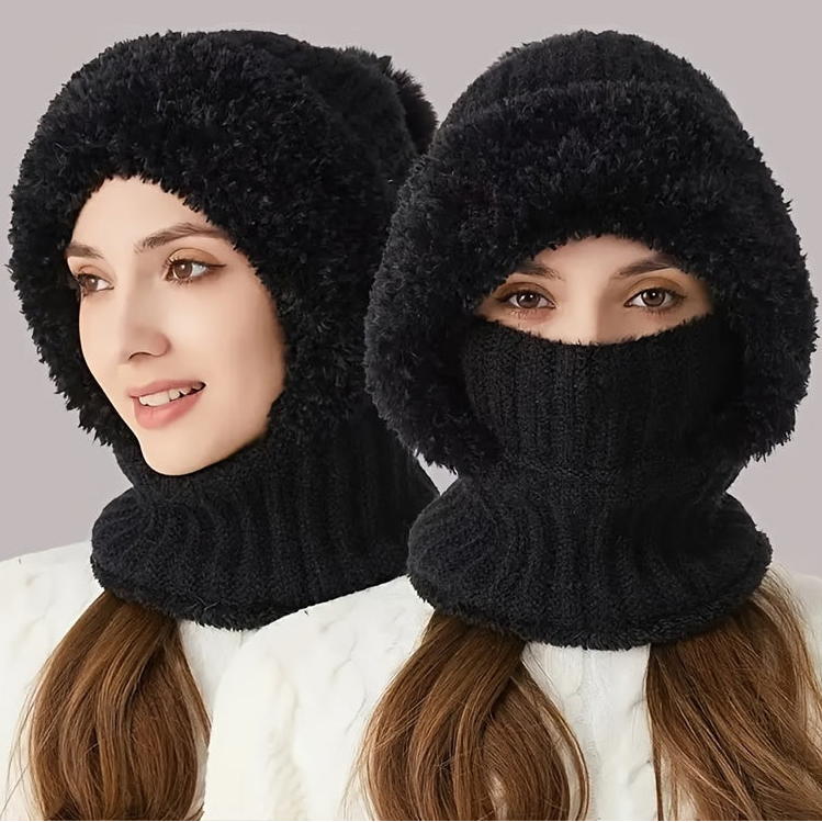 Winter Beanie mit Fleece-Futter und Halswärmer – Gestrickte Mütze mit abnehmbarer Gesichtsmaske, Pompon und Pelzbesatz