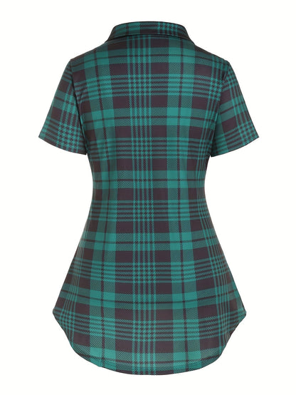 Damen Kurzarm Karo Hemdbluse mit Überkreuz-Detail – Eleganter Freizeit-Look für den Sommer