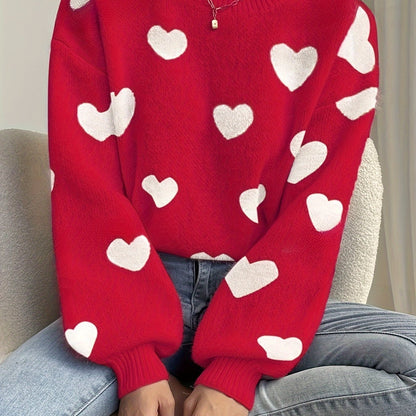 Damen Pullover Rundhals Herzmuster Langarm Strickpullover