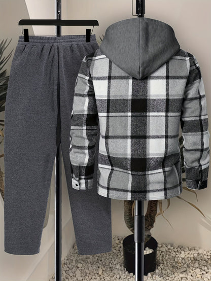 Herren Kariertes Hemd mit Kapuze und Unifarbene Jogginghose Set