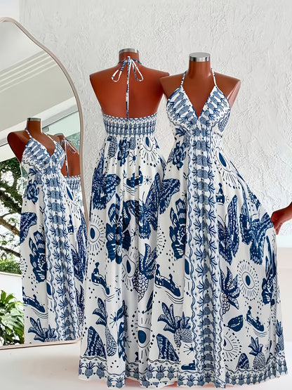 Damen Boho Maxikleid mit Halterneck und Grafikprint für Urlaub und Sommerfeste