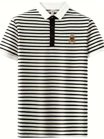 Herren Polohemd mit Streifen und gesticktem Wappen – Klassischer Freizeit- und Business-Look