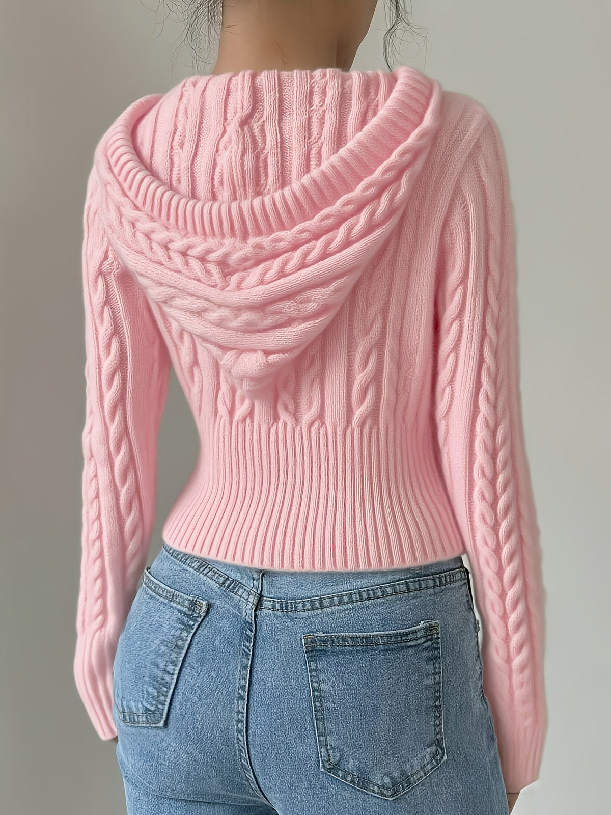 Damen Strick Hoodie mit Zopfmuster & Reißverschluss, bauchfrei