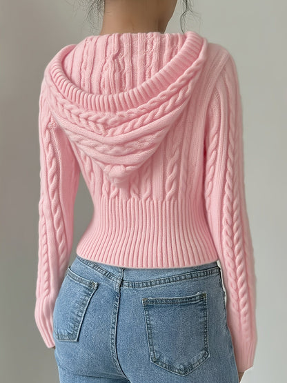 Damen Strick Hoodie mit Zopfmuster & Reißverschluss, bauchfrei