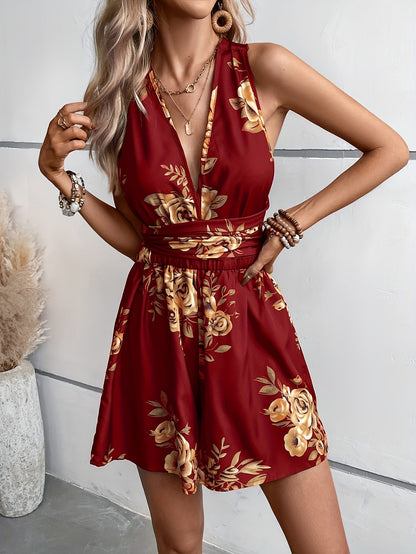 Damen Jumpsuit mit Blumenmuster und tiefem V-Ausschnitt – Eleganter Einteiler für Freizeit und besondere Anlässe
