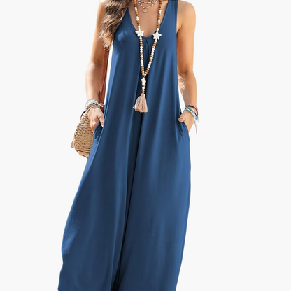 Damen Weites Sommer-Jumpsuit mit V-Ausschnitt und Taschen – Lässiger Einteiler für Alltag und Urlaub