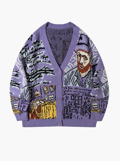 Herren Strick-Cardigan mit künstlerischem Porträt-Design und lockerer Passform – Perfekt für Herbst und Winter, Casual Style