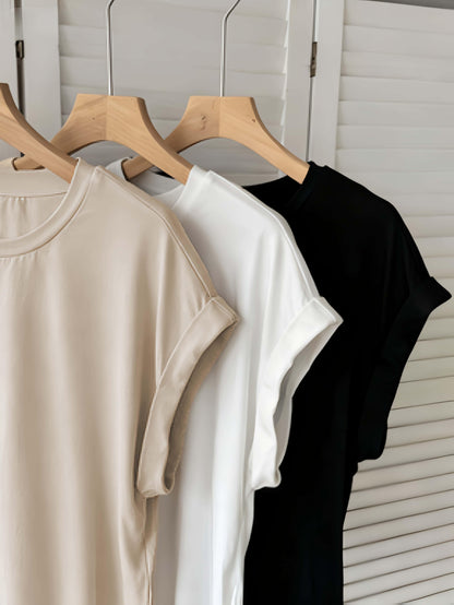 Damen Basic T-Shirt mit Aufschlagärmeln – Moderner Freizeitstil für Alltag und Büro
