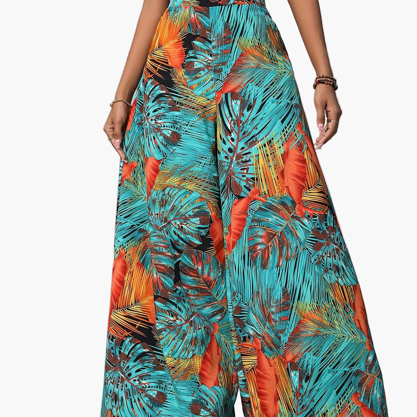 Damen Sommer Palazzo-Hose mit weitem Bein und tropischem Blätterprint – Perfekt für Strand und Freizeit