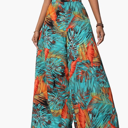 Damen Sommer Palazzo-Hose mit weitem Bein und tropischem Blätterprint – Perfekt für Strand und Freizeit