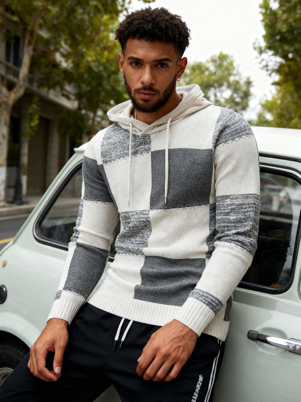Herren Hoodie Pullover im Patchwork-Design mit Kapuze und Kordelzug, Strickoptik, Langarm