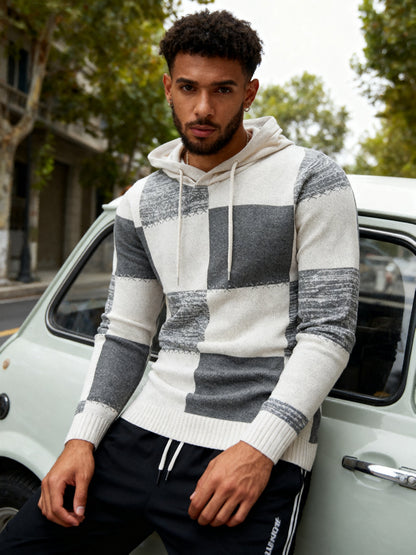 Herren Hoodie Pullover im Patchwork-Design mit Kapuze und Kordelzug, Strickoptik, Langarm