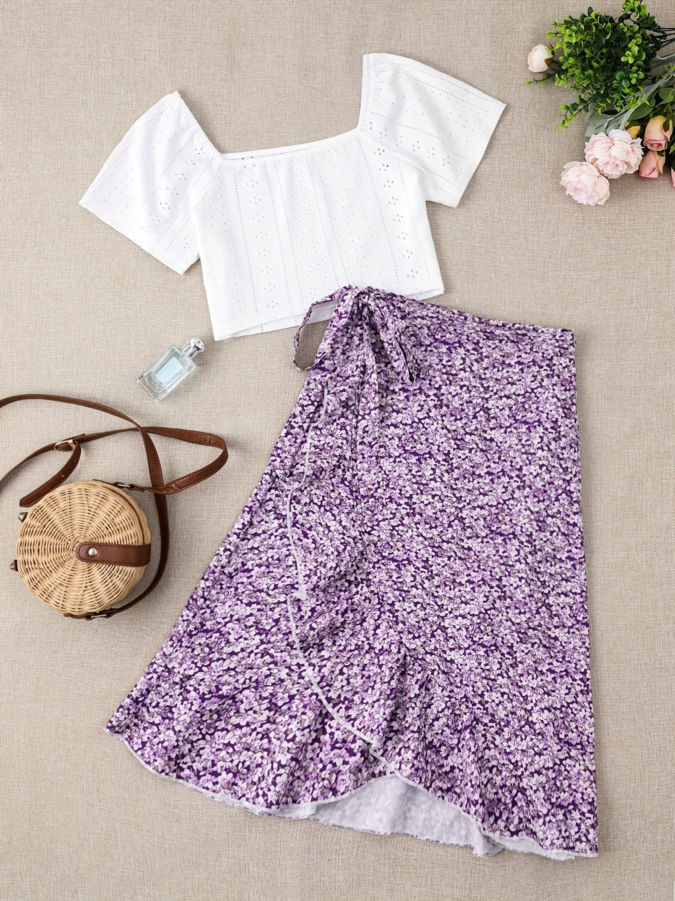 Damen Zweiteiler Set – Romantisches Sommer-Outfit mit Bluse und Wickelrock, ideal für Freizeit und Urlaub