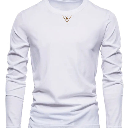 Herren Langarmshirt Rundhals mit Hirsch-Logo, Freizeit T-Shirt