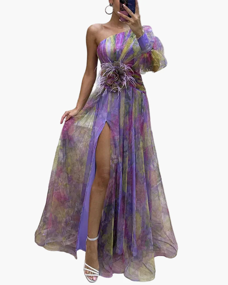 Damen Abendkleid One-Shoulder Maxikleid Elegant mit Schlitz und Federdetails – Perfekt für besondere Anlässe