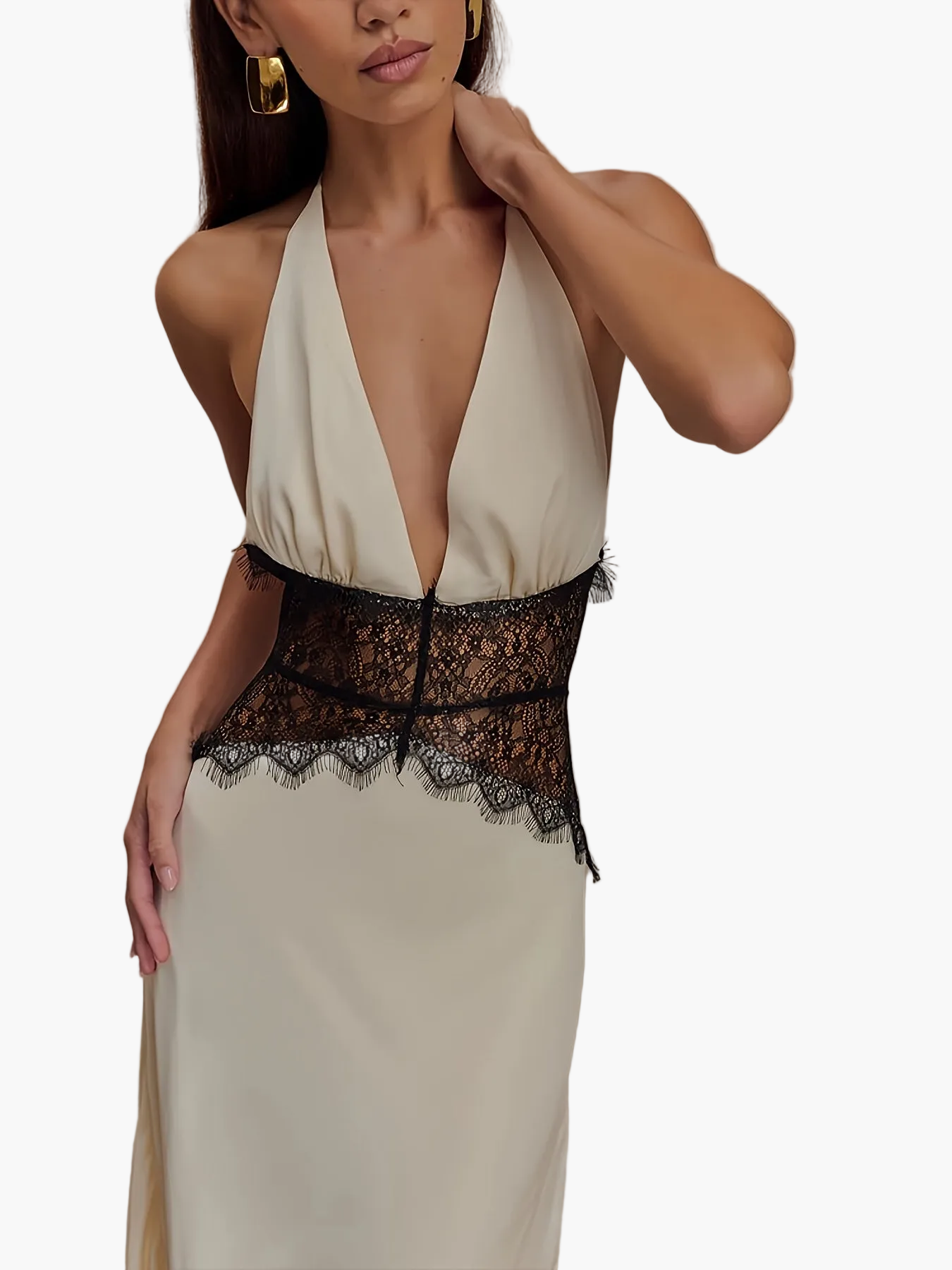 Damen Abendkleid im eleganten Fit & Flare Stil mit tiefem V-Ausschnitt und Spitzenakzent – Perfekt für festliche Anlässe