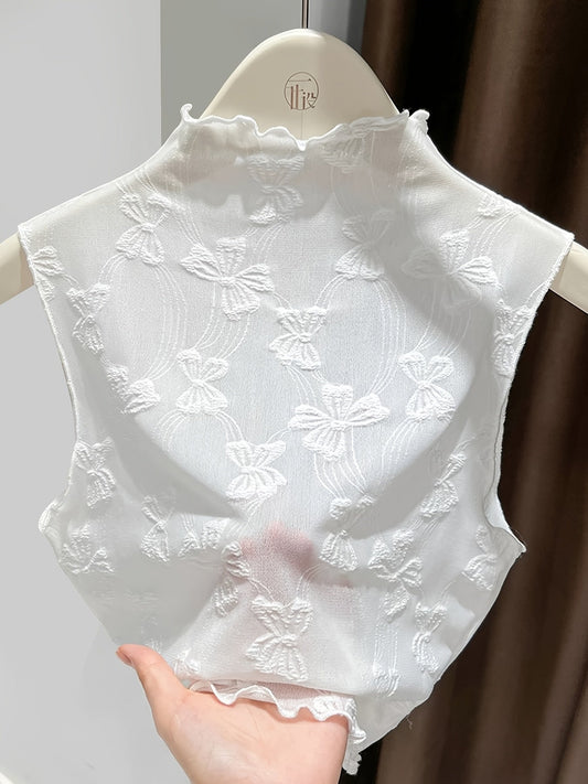 Damen Spitzen-Top mit Stehkragen und floraler Stickerei – Elegantes, ärmelloses Layering-Shirt