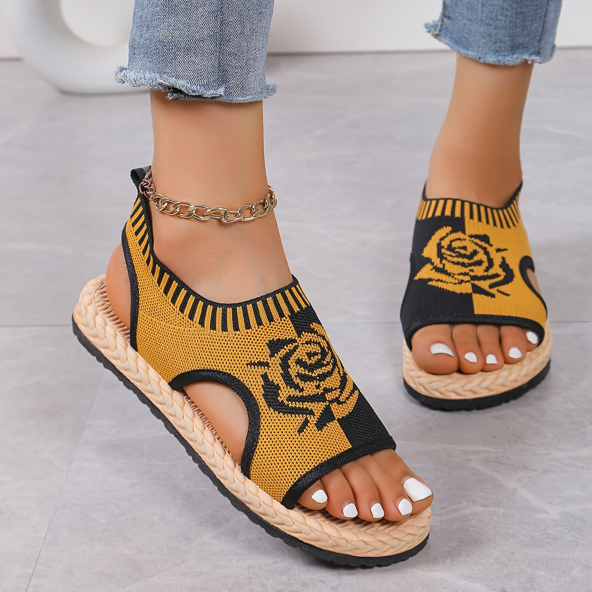Damen Casual Sandalen mit Blumenmuster – Bequeme Sommerschuhe mit offener Zehenpartie