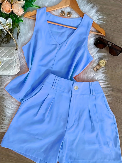 Damen Zweiteiliges Set mit V-Ausschnitt Top und High-Waist Shorts – Eleganter Freizeit-Look
