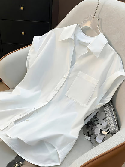 Damen Oversize Bluse mit Hemdkragen und Brusttasche – Eleganter, Ärmeloser Stil für Büro und Freizeit