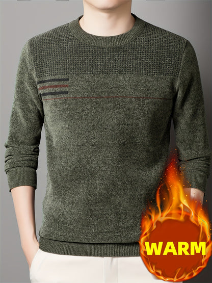 Herren Pullover Rundhals Langarm Strickpullover mit Streifenmuster