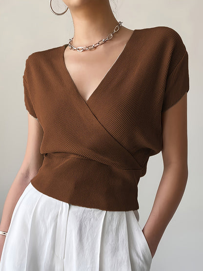 Damen Wickelshirt mit V-Ausschnitt – Eleganter Sommer Pullover Kurzarm für Freizeit & Büro