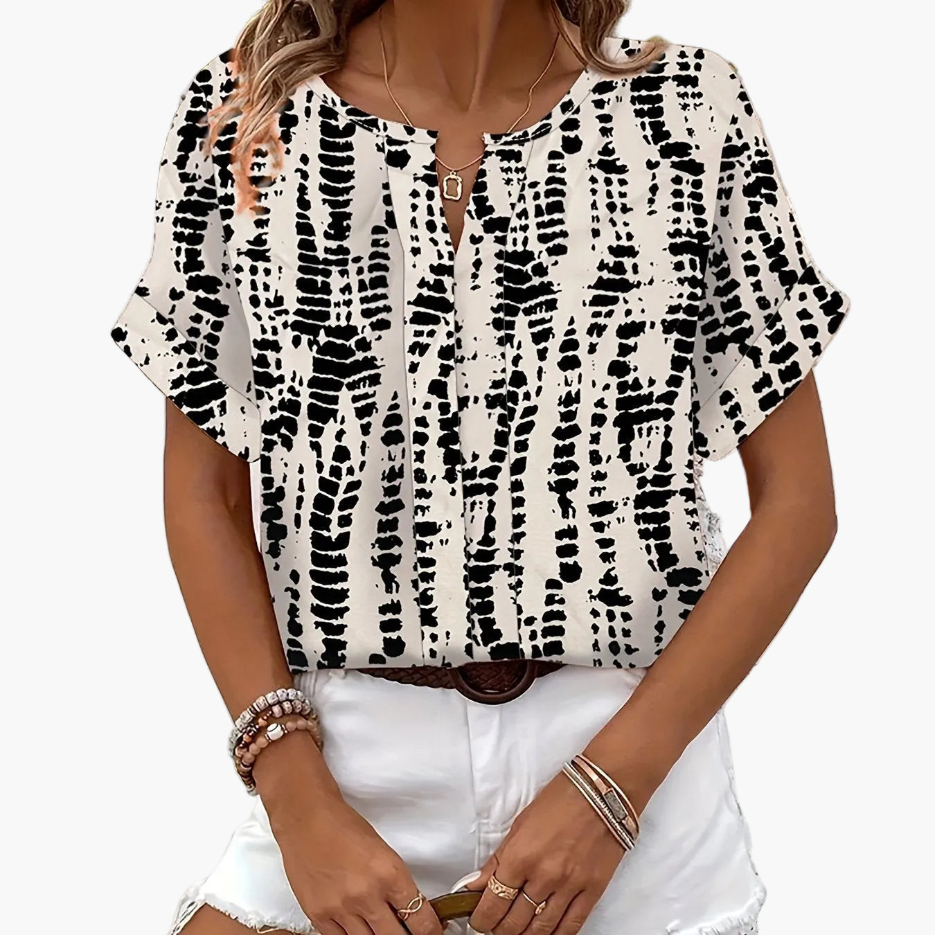 Damen Elegante Kurzarm Bluse mit Modernem Print – Perfekt für Freizeit und Büro