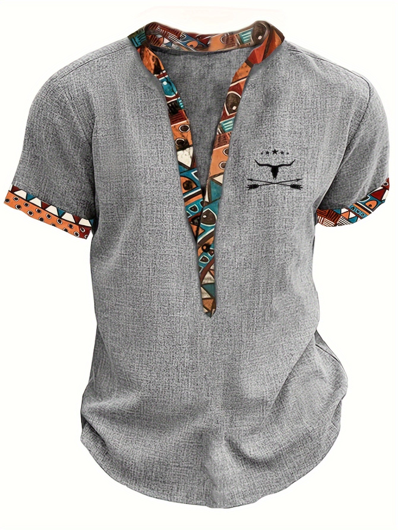 Herren Ethno Freizeitshirt mit Musterdetails und V-Ausschnitt – Modernes Kurzarmhemd für Alltag und Urlaub