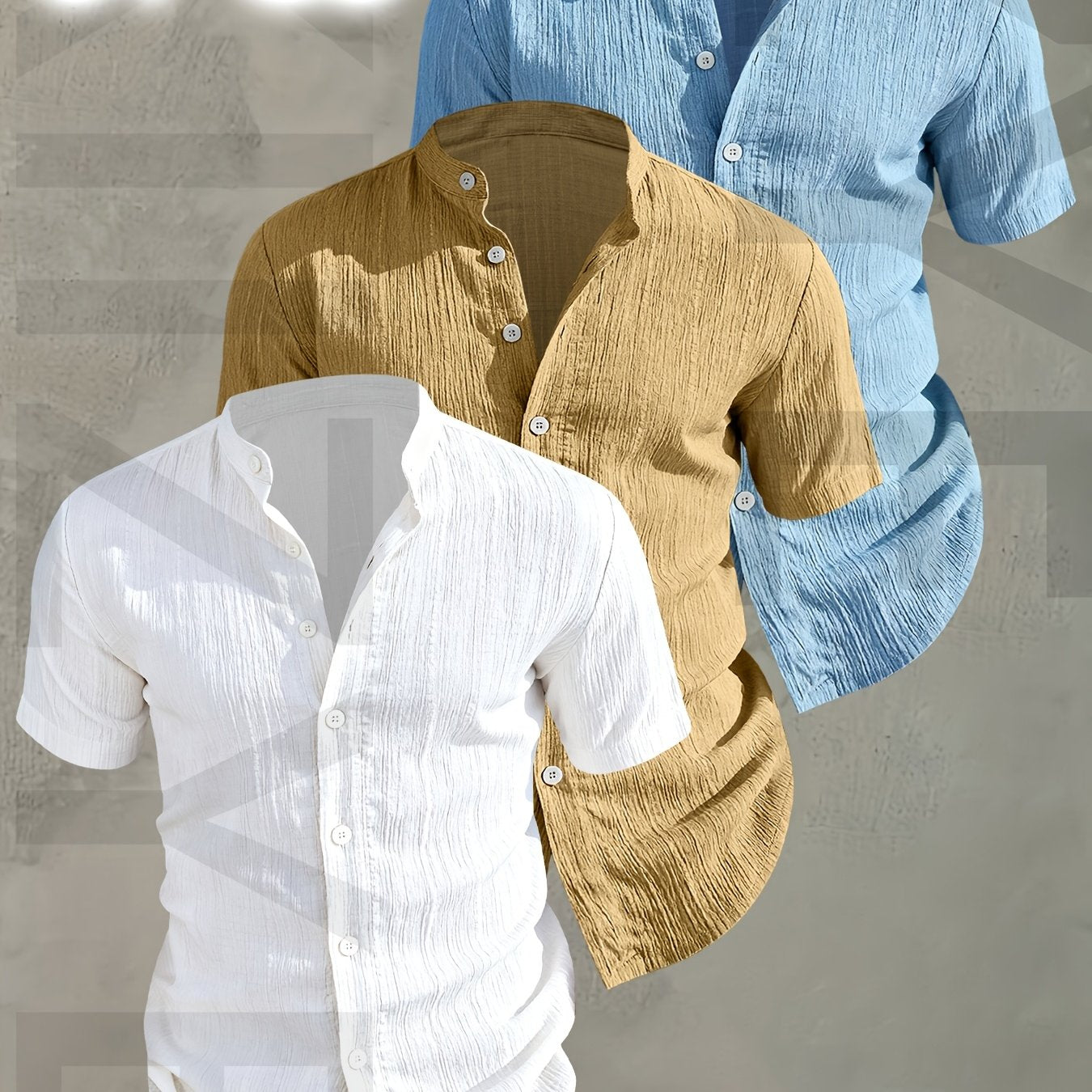 Herren 3er-Pack Stehkragen Hemden – Modischer Freizeit Look, Kurzarm, Knopfleiste