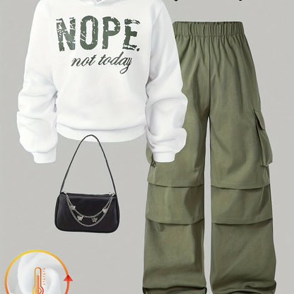 Damen Hoodie & Cargo-Hose Set, Weiß Grün, Weites Bein, Elastischer Bund