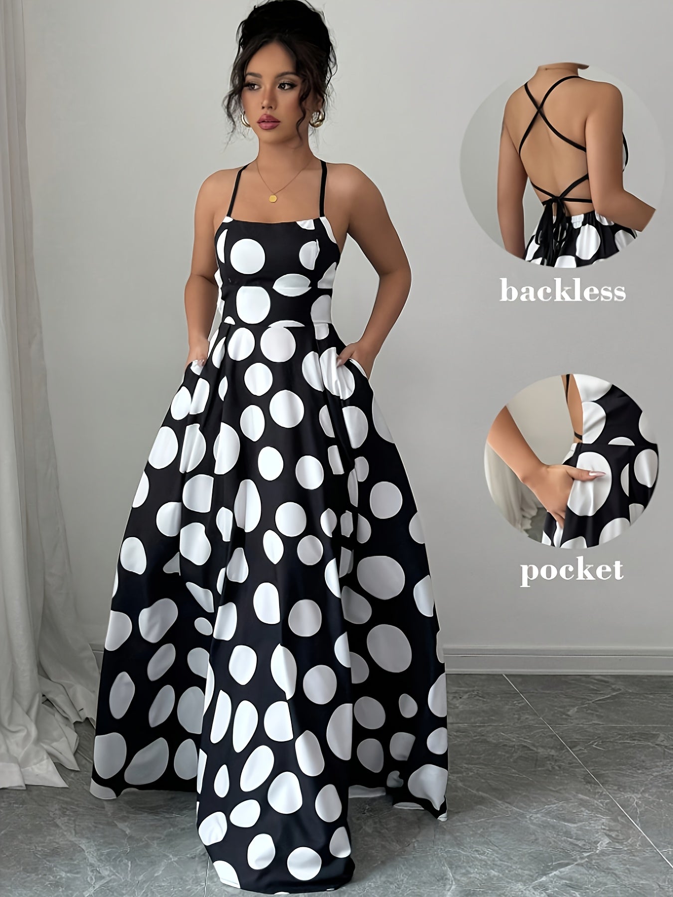 Damen Maxikleid mit Rückenausschnitt und Polka-Dot-Design – Elegantes Abendkleid mit Taschen