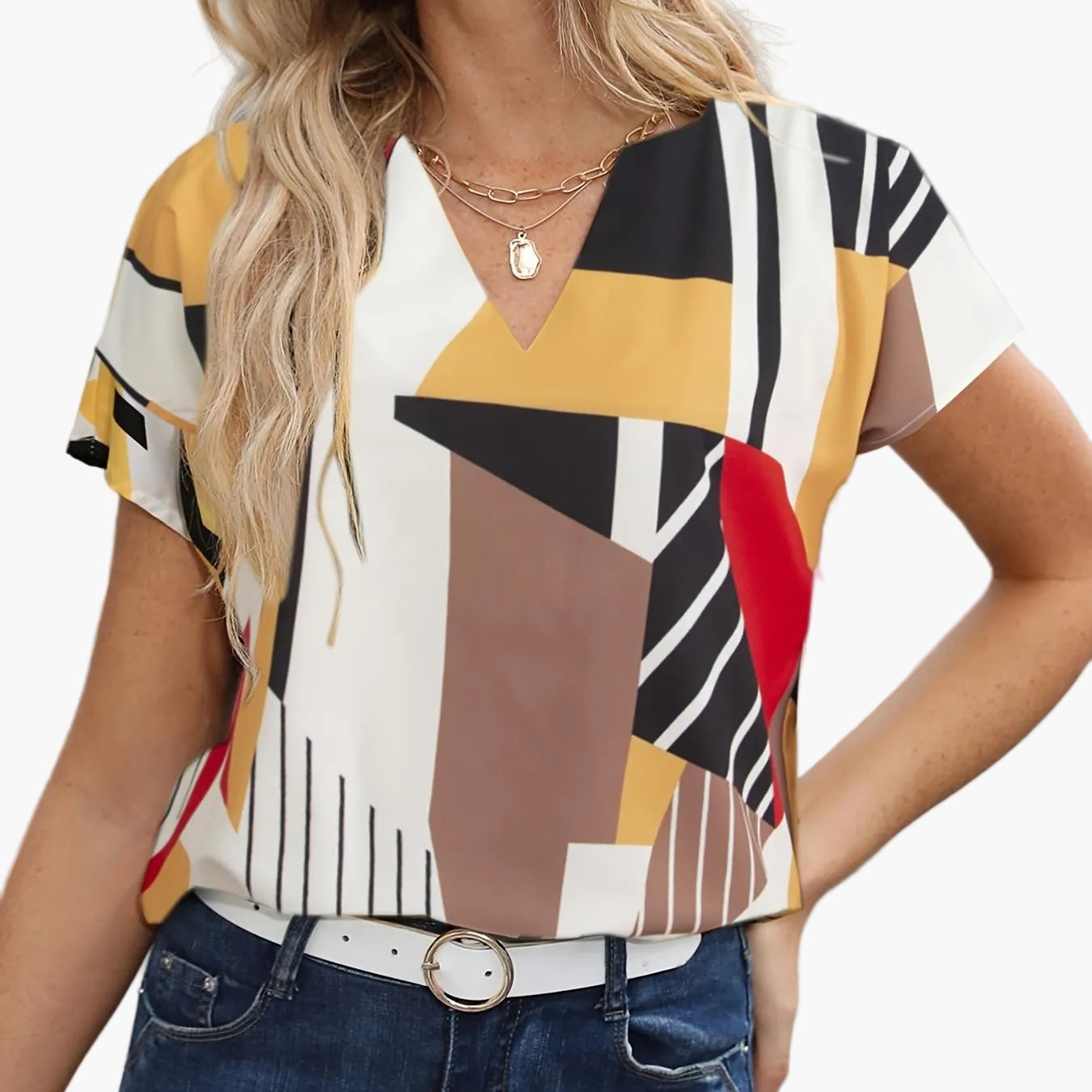 Damen Vintage Bluse mit geometrischem Muster, V-Ausschnitt, ideal für Büro und Freizeit
