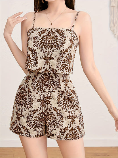 Damen Jumpsuit mit Spaghettiträgern und elegantem Ornament-Muster – Modischer Einteiler für Freizeit und Ausgehen