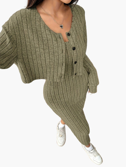 Damen Strickkleid Set Elegant Zweiteiler mit Knopfleiste – Modisch & Vielseitig für Alltag und Freizeit